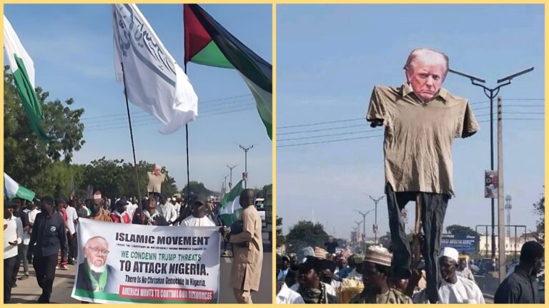 Shi’ite protesters in Kano march with flags and banners condemning Donald Trump’s threat to attack Nigeria, while some display an effigy of the former U.S. president during the demonstration.