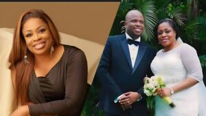 A split image showing gospel singer Sinach smiling in a portrait on the left, and on the right, Sinach and her husband Joseph Egbu standing together in their wedding outfits while posing outdoors.