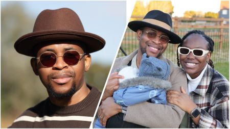 A side-by-side collage showing Nigerian life coach Solomon Buchi. On the left, he wears a brown hat, round sunglasses and a striped sweater, smiling slightly outdoors. On the right, he stands outside with his wife, who wears white-framed glasses and a checked coat, as they both smile while he holds their bundled-up baby in a blue winter outfit.