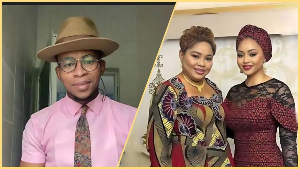 Side-by-side photo showing Nigerian writer Solomon Buchi on the left and actress Regina Daniels with her mother, Rita Daniels, on the right.