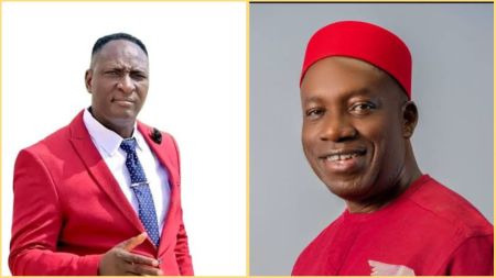 Prophet Jeremiah Omotofufeyin (left) and Anambra State Governor Charles Soludo (right) pictured side by side in separate portraits.