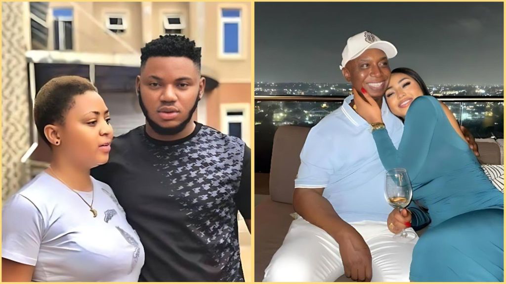 Side-by-side photos showing Regina Daniels with her ex-boyfriend Somadina Adinma on the left, and Regina Daniels smiling while sitting with her husband Ned Nwoko on the right during a night outing.