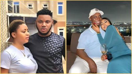 Side-by-side photos showing Regina Daniels with her ex-boyfriend Somadina Adinma on the left, and Regina Daniels smiling while sitting with her husband Ned Nwoko on the right during a night outing.