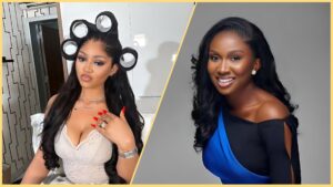 Side-by-side photo showing Nigerian actresses Regina Daniels and Sonia Uche. Regina sits with hair rollers and a white lace top, while Sonia smiles in a blue-and-black off-shoulder outfit.