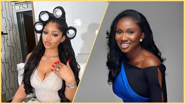 Side-by-side photo showing Nigerian actresses Regina Daniels and Sonia Uche. Regina sits with hair rollers and a white lace top, while Sonia smiles in a blue-and-black off-shoulder outfit.