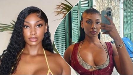 Side-by-side photos of socialite Sophia Egbueje posing in swimwear, one with curly hair and the other taking a mirror selfie in a Gucci bikini top.