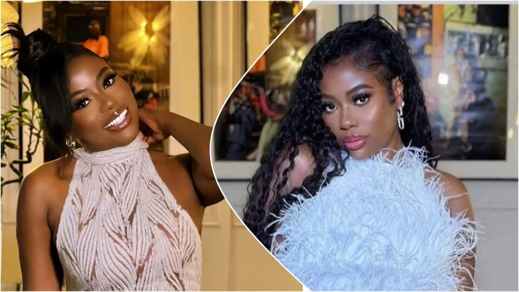 Side-by-side photos of Sophia Momodu posing indoors; on the left she smiles brightly in a high-neck white textured dress, and on the right she wears a blue feathered outfit with long wavy hair.
