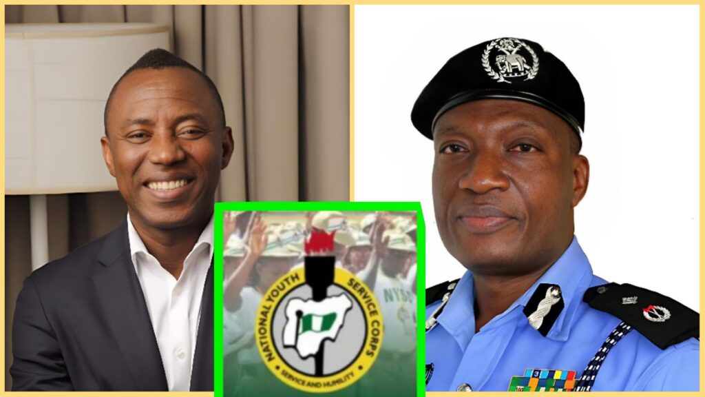 Side-by-side photos of activist Omoyele Sowore and the Lagos State Commissioner of Police, with an NYSC logo placed between them.