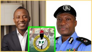 Side-by-side photos of activist Omoyele Sowore and the Lagos State Commissioner of Police, with an NYSC logo placed between them.
