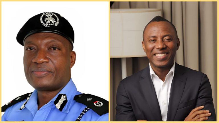 Side-by-side photos of Lagos State Commissioner of Police Olohundare Jimoh in uniform and activist Omoyele Sowore in a suit, both facing the camera.