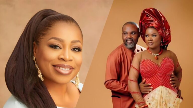 A split image showing gospel singer Sinach smiling in a close-up portrait on the left, and on the right a formal studio photo of a couple dressed in matching traditional red outfits, with the man standing behind the woman and holding her waist.