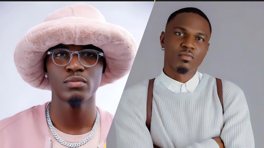 Side-by-side photos of Nigerian gospel singer Spyro wearing a pink hat and glasses on the left, and a portrait of him in a white outfit on the right.