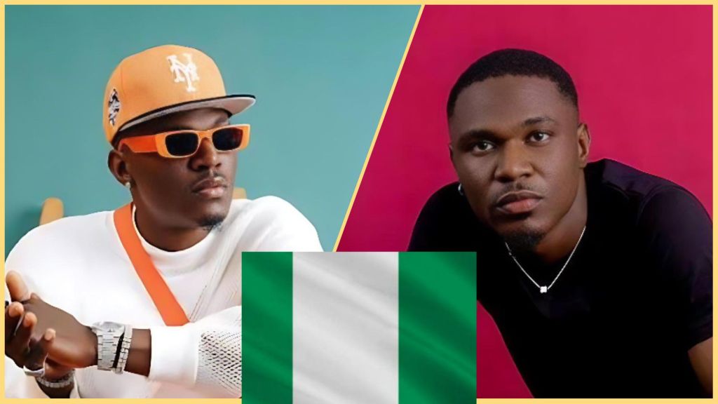 Side-by-side photo of Nigerian singer Spyro wearing an orange cap and sunglasses on the left, and another portrait of him in a black shirt on the right, with the Nigerian flag placed in the centre foreground.
