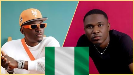 Side-by-side photo of Nigerian singer Spyro wearing an orange cap and sunglasses on the left, and another portrait of him in a black shirt on the right, with the Nigerian flag placed in the centre foreground.