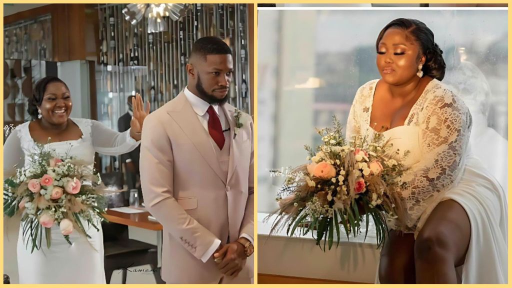 Side-by-side wedding photos of actor Stan Nze and his wife. In the first image, she approaches him from behind holding a bouquet while he stands in a beige suit. In the second image, she sits by a window in her lace wedding dress, holding the same bouquet and smiling calmly.