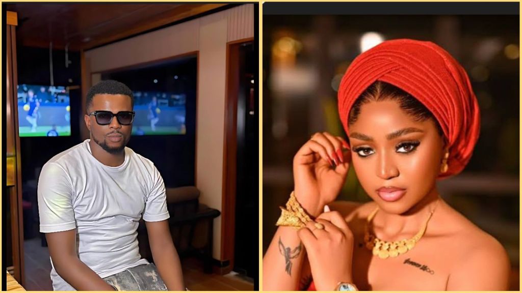 Side-by-side photo showing filmmaker Stanley Ontop seated indoors wearing sunglasses and a silver shirt, and actress Regina Daniels posing in a red headwrap and gold jewellery.