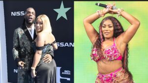 Left: Burna Boy and Stefflon Don pose together on the red carpet at an award event, with Burna Boy placing a hand on her waist. Right: Stefflon Don performs on stage in a vibrant pink and gold outfit, raising her arms while holding a microphone
