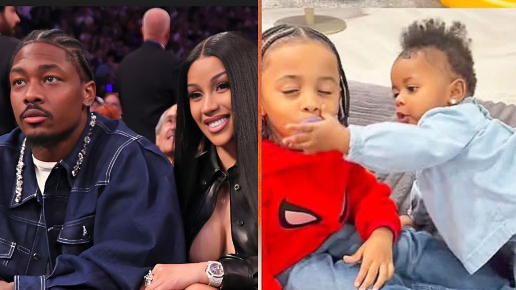A side-by-side collage showing Stefon Diggs and Cardi B sitting courtside at an event, and a second photo of Cardi B’s children, Blossom and Wave, playfully tugging a pacifier from each other at home.