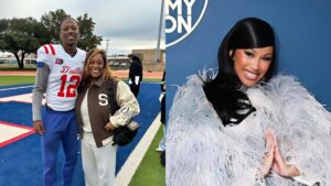 Left image: A smiling young man in a football uniform stands on a field next to a smiling woman wearing a brown and cream jacket. Right image: Cardi B poses in front of a blue backdrop, smiling and wearing a fluffy light-coloured outfit.