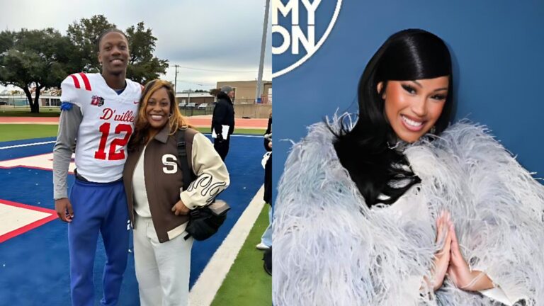 Left image: A smiling young man in a football uniform stands on a field next to a smiling woman wearing a brown and cream jacket. Right image: Cardi B poses in front of a blue backdrop, smiling and wearing a fluffy light-coloured outfit.