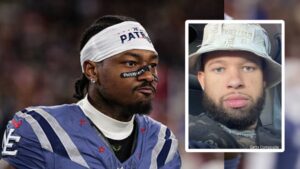 New England Patriots wide receiver Stefon Diggs wearing team gear during a game, alongside a selfie of influencer Christopher Blake Griffith in a bucket hat, placed in a split-image collage.