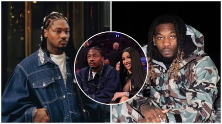 A collage featuring Stefon Diggs on the left in a denim jacket, Cardi B sitting courtside with Stefon Diggs in the circular center image, and Offset on the right wearing a camo jacket, all shown in separate photos placed side-by-side.