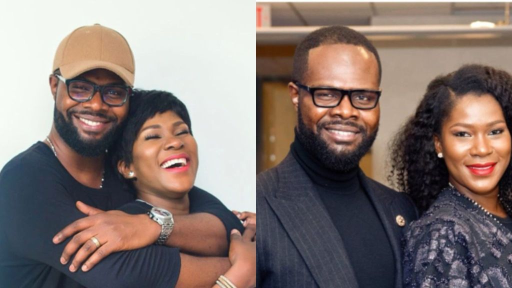 “Side-by-side photos of actress Stephanie Okereke Linus and her husband, both smiling warmly. The first image shows him hugging her from behind as she laughs, while the second image shows the couple dressed formally and posing together.”