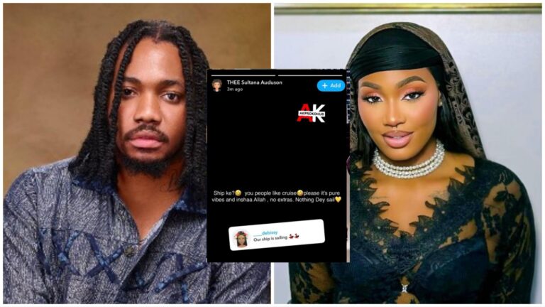 Collage of Fairme David and Sultana Auduson, with Sultana’s Instagram story in the centre denying romance: “pure vibes, no extras.”