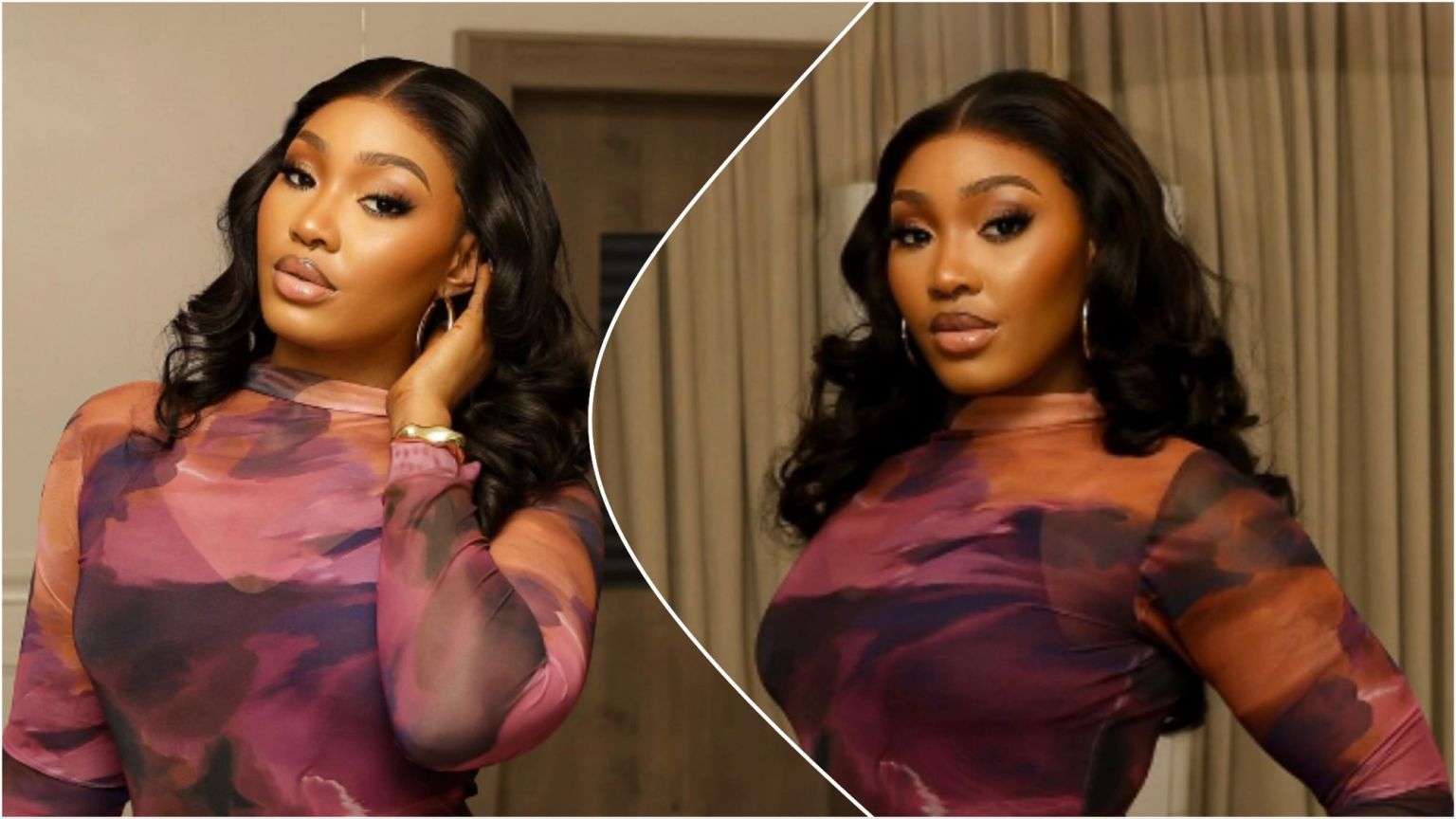 Side-by-side photos of BBNaija housemate Sultana posing indoors, wearing a fitted long-sleeve dress with a purple and orange abstract pattern, styled with wavy hair and subtle glam makeup.