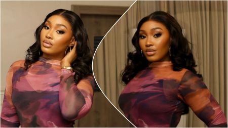 Side-by-side photos of BBNaija housemate Sultana posing indoors, wearing a fitted long-sleeve dress with a purple and orange abstract pattern, styled with wavy hair and subtle glam makeup.