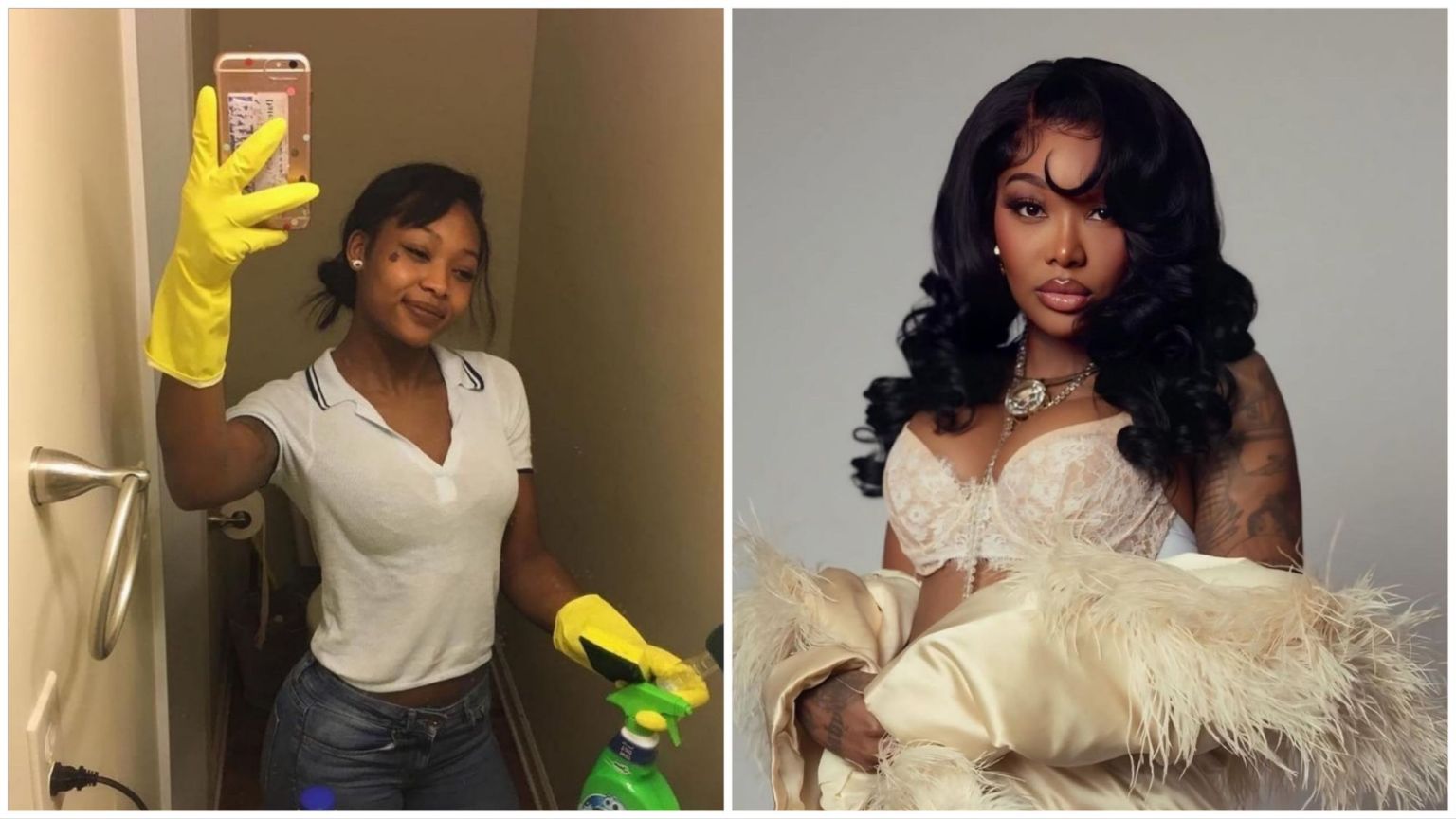 “Side-by-side images of Summer Walker. On the left, she is taking a mirror selfie while wearing yellow cleaning gloves, a white polo shirt, and jeans, holding cleaning supplies. On the right, she is dressed glamorously in a lace top and a fur-trimmed robe, with styled black hair and makeup.”