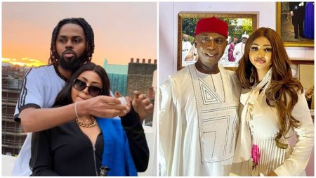 Side-by-side photo collage showing Regina Daniels with her brother Sweezzy on the left, and Regina with her husband, Senator Ned Nwoko, on the right.