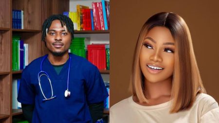 Side-by-side photo showing BBNaija star Faith in medical scrubs with a stethoscope, standing in front of bookshelves, next to BBNaija alum Tacha smiling in a beige top against a brown background.