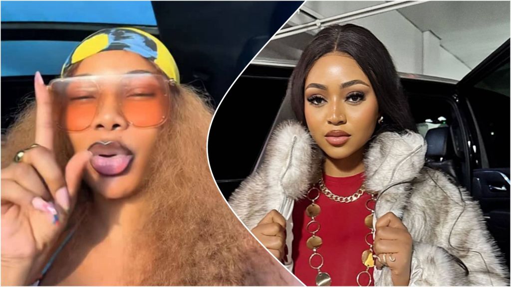 Split photo — left, a woman in a car with long light-brown curly hair, orange-tinted sunglasses and a headscarf speaks with a raised finger; right, a woman with straight dark hair wearing a fur-trimmed coat and a red top looks at the camera.