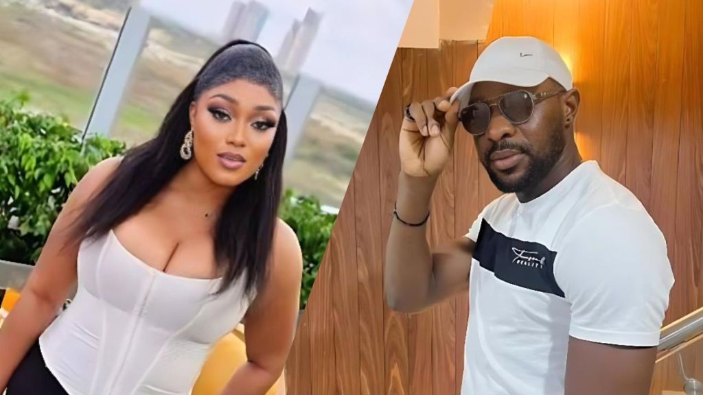 Side-by-side photo of Nigerian actress Peggy Ovire wearing a white corset top and earrings, and actor Taye Arimoro wearing a white T-shirt, cap, and sunglasses.