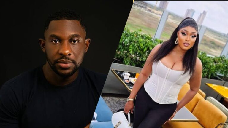 Side-by-side photo showing actor Taye Arimoro on the left, wearing a dark shirt against a black background, and actress Peggy Ovire on the right, dressed in a white corset top and black trousers while posing outdoors near a table and green plants.