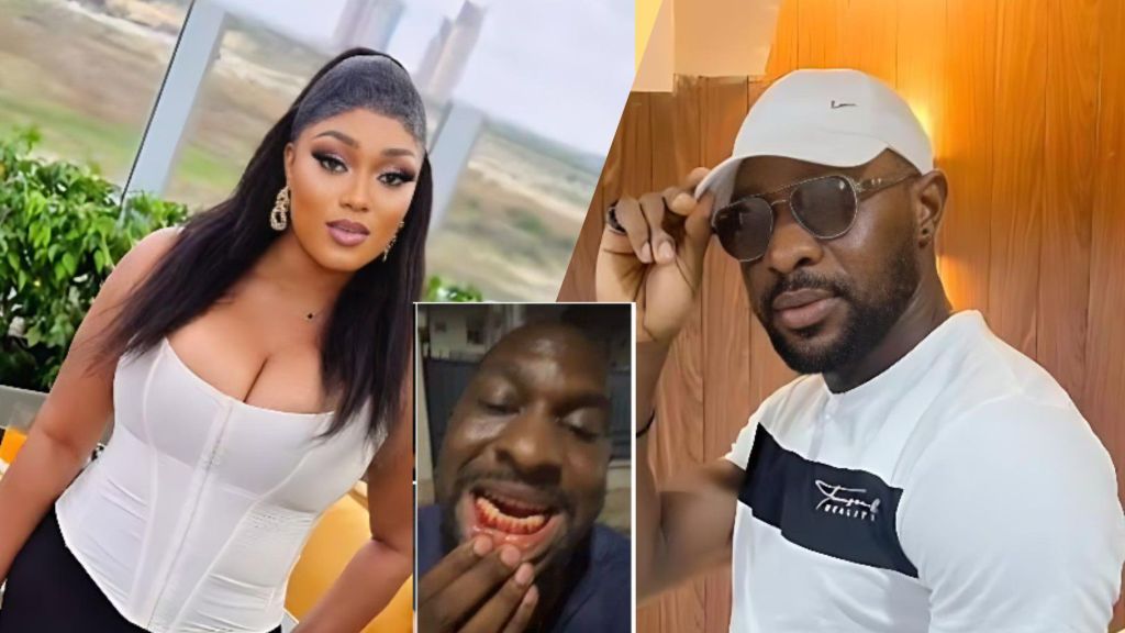 Nollywood actors Peggy Ovire and Taye Arimoro pictured side by side, with an inset showing Arimoro displaying injuries to his mouth after their reported on-set clash.