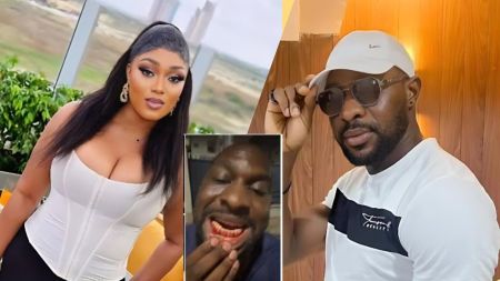 Nollywood actors Peggy Ovire and Taye Arimoro pictured side by side, with an inset showing Arimoro displaying injuries to his mouth after their reported on-set clash.