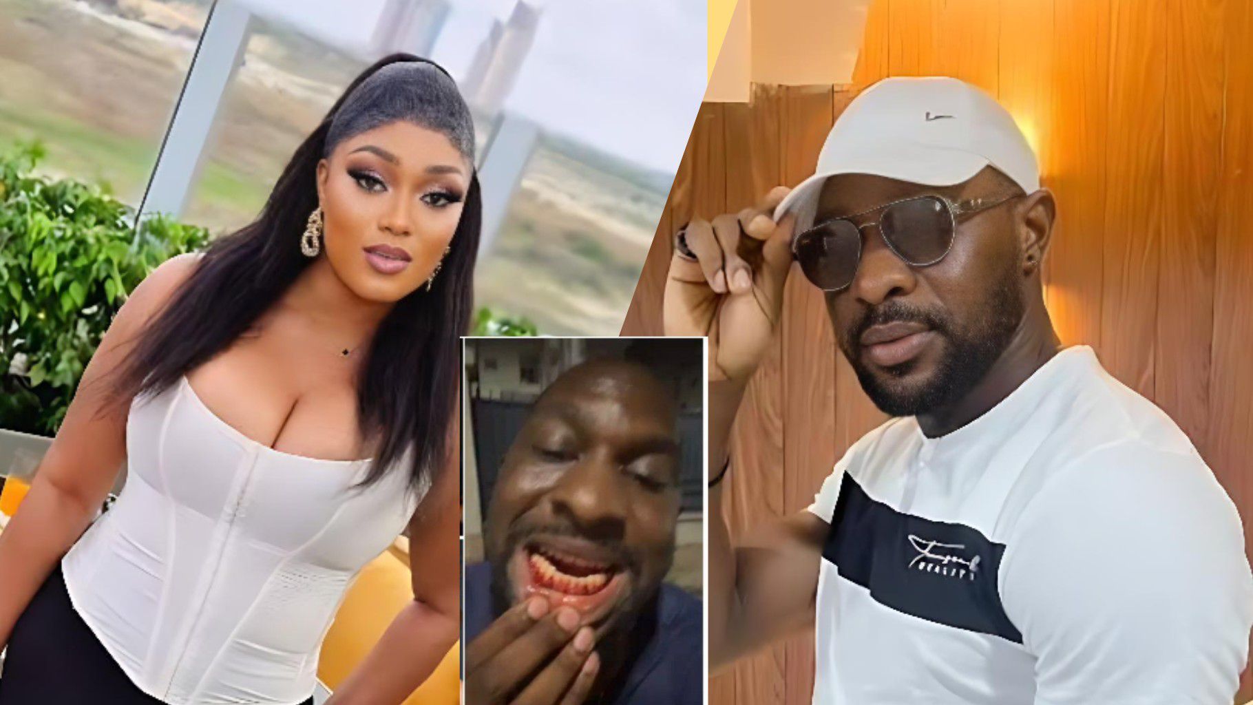 Nollywood actors Peggy Ovire and Taye Arimoro pictured side by side, with an inset showing Arimoro displaying injuries to his mouth after their reported on-set clash.