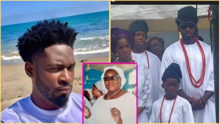 A collage showing Nigerian music executive Teebillz at a beach, a framed photo of his late mother in white attire, and a scene from her funeral with Teebillz, his children, and relatives dressed in traditional white outfits and coral beads.