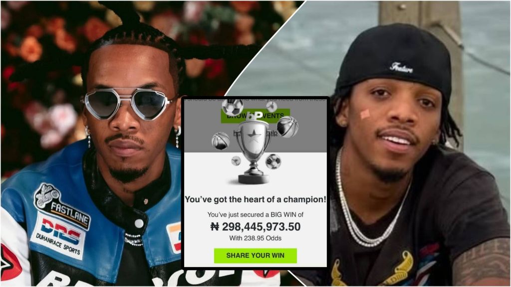 Split image showing Nigerian singer Tekno in two different photos, with a screenshot of a BetPawa betting win of ₦298,445,973.50 placed in the centre.