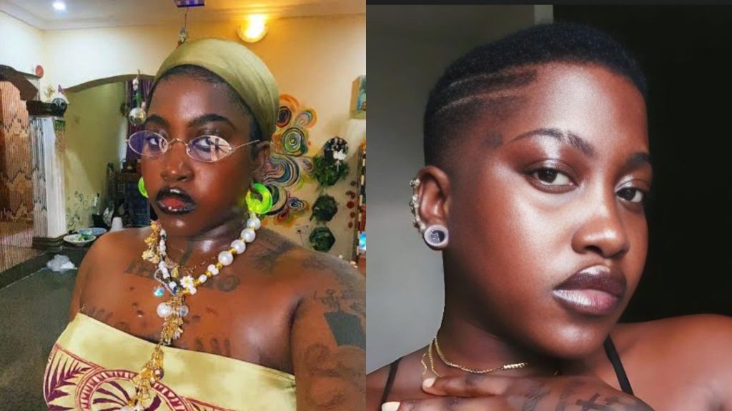 Side-by-side photos of Nigerian singer and visual artist Temmie Ovwasa. In the left image, she wears bright accessories, glasses, and bold makeup in a room decorated with colourful wall art. In the right image, she appears with a low haircut, subtle makeup, and a calm expression.