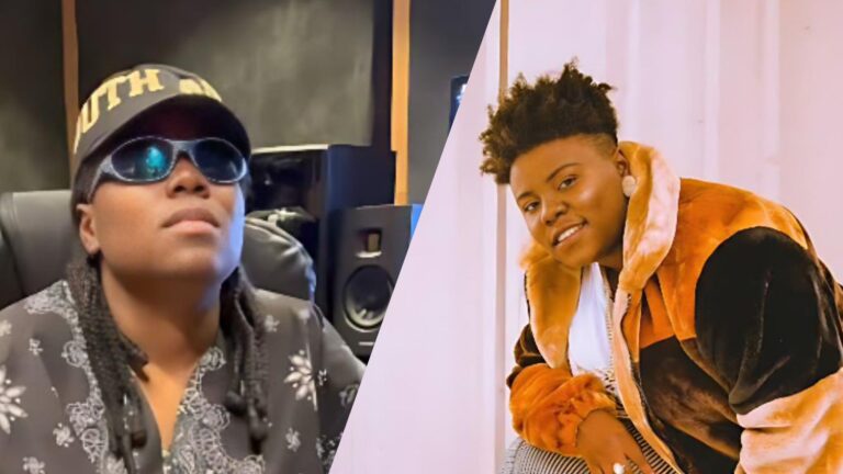 A split image showing Nigerian singer Teni in two different settings; on the left she wears dark glasses and a cap while sitting in a studio, and on the right she poses in a brown-and-black fur jacket, smiling.