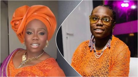 Side-by-side photos of Nigerian singer Teni; one shows her wearing a bright orange gele and traditional attire with full makeup, while the other shows her in an orange lace top with glasses and beaded braids, smiling indoors.