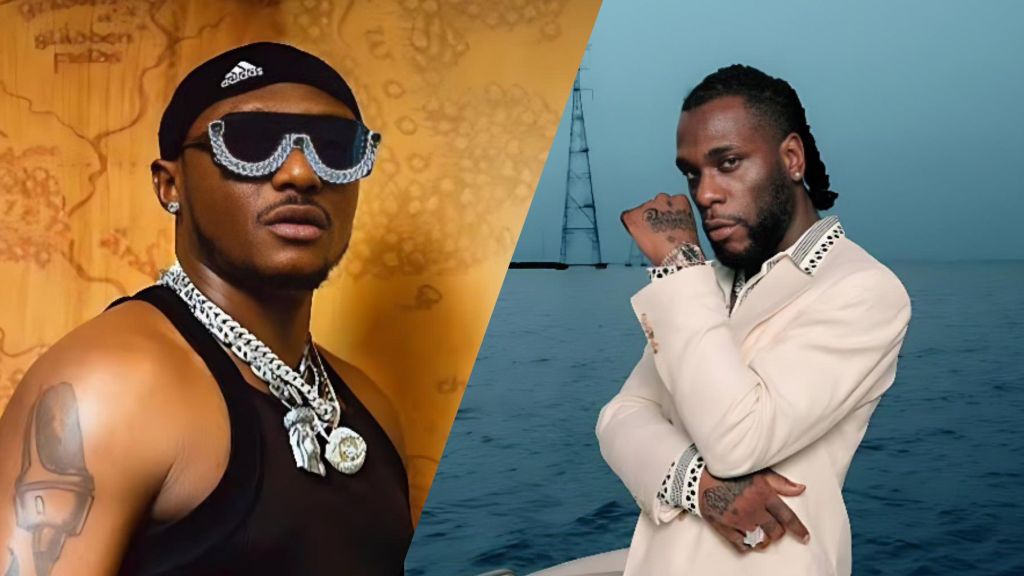 A side-by-side collage of Nigerian artists Terry G and Burna Boy. Terry G appears on the left wearing a black durag, dark sunglasses, a sleeveless black top, and heavy silver chains, standing against a warm-toned patterned background. Burna Boy appears on the right wearing a cream-coloured suit with a patterned collar, posing with one hand under his chin in front of a blue ocean backdrop.