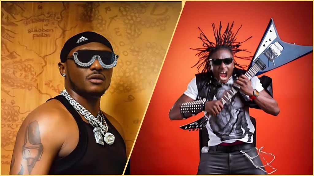 Side-by-side collage of Nigerian singer Terry G in two different looks: on the left, wearing dark sunglasses, a durag, sleeveless top and heavy chains; on the right, in a rockstar outfit with spiked wristbands, dreadlocks flying as he holds an electric guitar mid-performance.