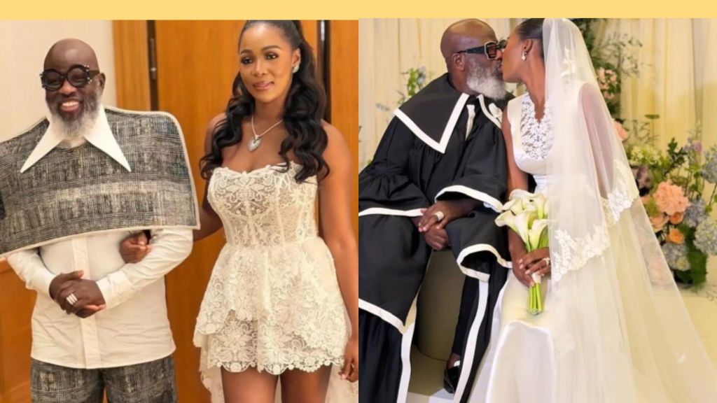 “A Nigerian groom wearing a bold black-and-white robe and later a patterned two-piece suit poses with his bride, who wears a lace mini dress in one photo and a white wedding gown with a long veil in another; the couple smiles and shares a kiss during their Montenegro wedding.”
