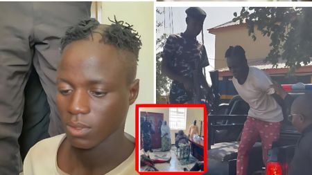 A young male suspect with short twisted hair sits in custody, looking down, while police officers stand nearby; additional photos show him being escorted by armed officers and sitting on the floor during a meeting at the police station.
