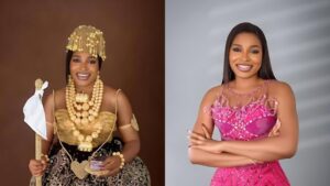 Side-by-side photos of BBNaija star Thelma Lawson; on the left, she wears an elaborate traditional outfit with gold beads and a staff, smiling brightly against a brown backdrop; on the right, she poses in a pink embellished dress with arms crossed, smiling against a light grey background.
