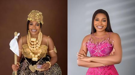 Side-by-side photos of BBNaija star Thelma Lawson; on the left, she wears an elaborate traditional outfit with gold beads and a staff, smiling brightly against a brown backdrop; on the right, she poses in a pink embellished dress with arms crossed, smiling against a light grey background.